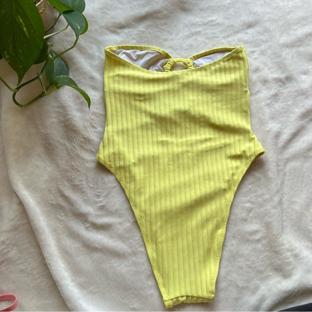 Solid & Striped Yellow Ribbed Strapless One Piece… - image 4